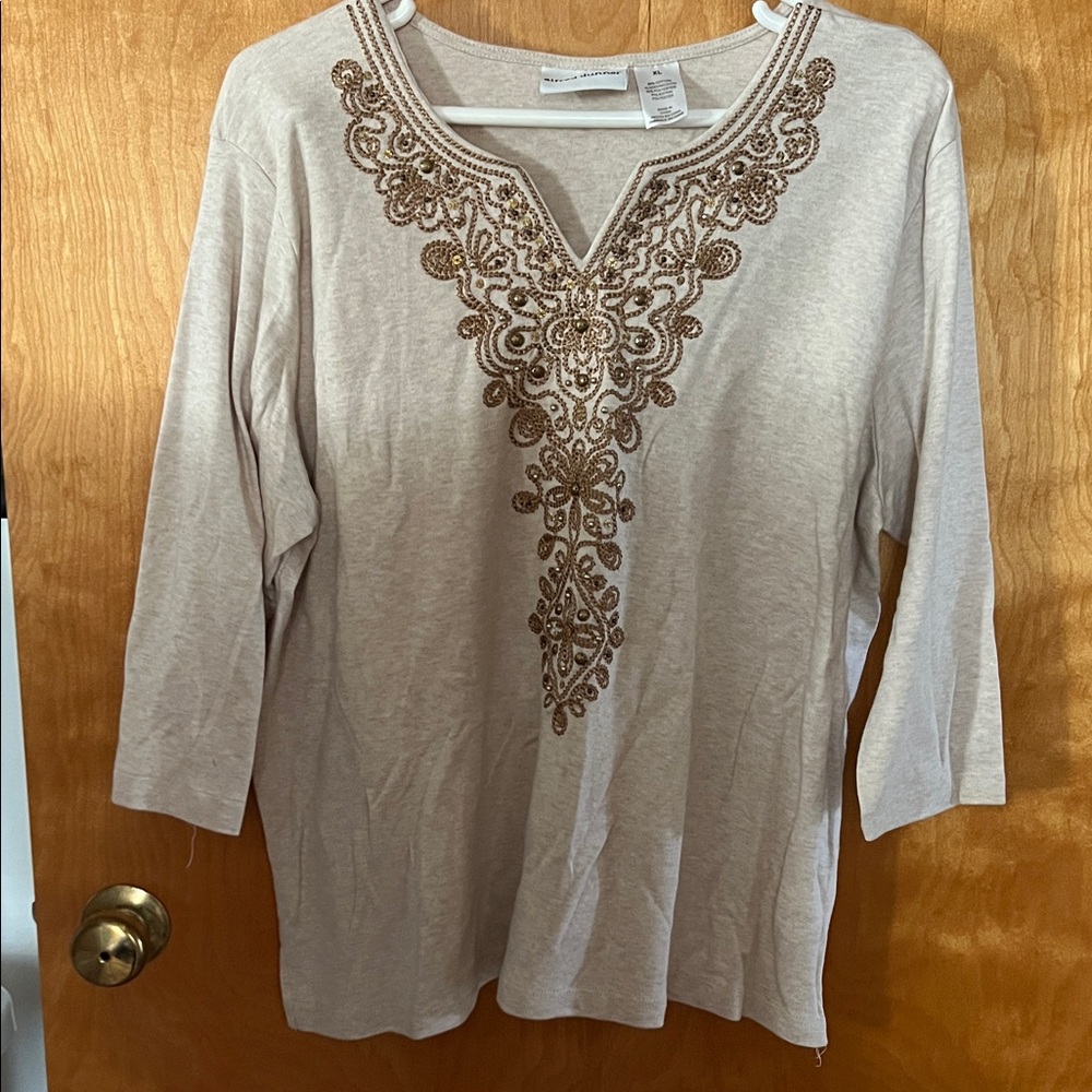 Embroidered Beige Women's Top with 3/4 Sleeves